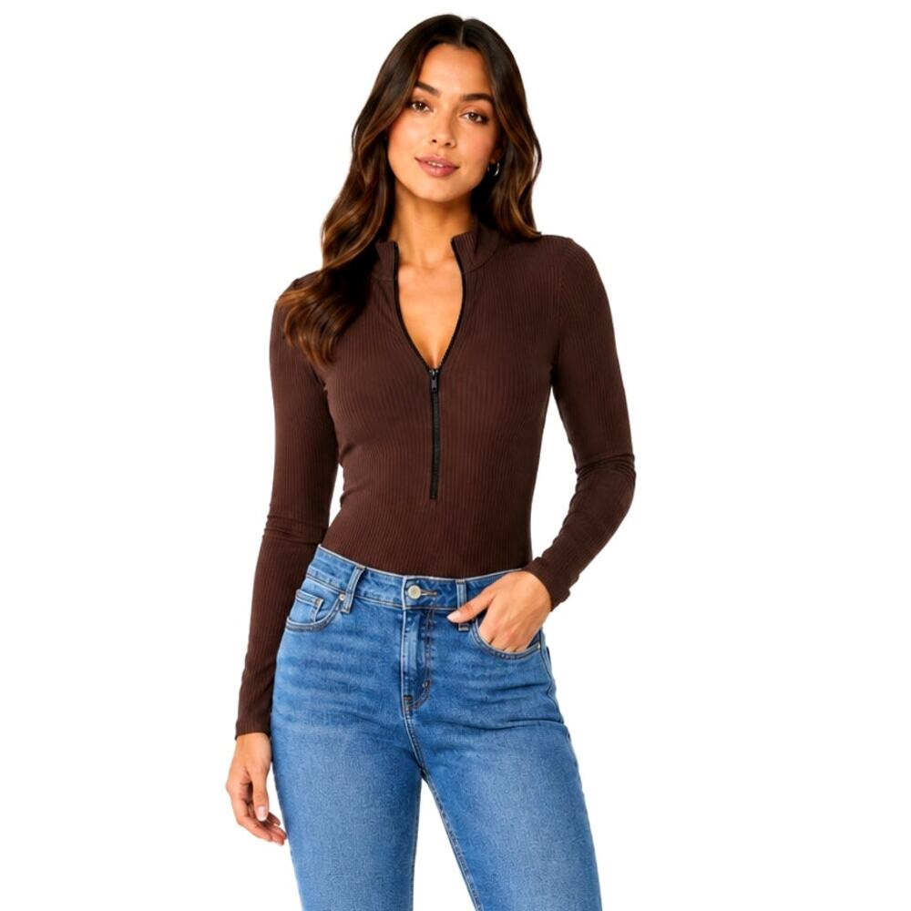 OQQ Chocolate Brown Mock Neck Long Sleeve Ribbed Zip Front Body Suit